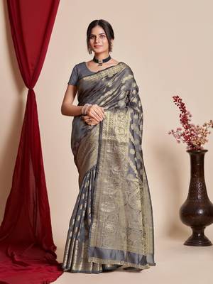 Grey Organza Faux Kanjeevaram Woven Saree Without Blouse 1