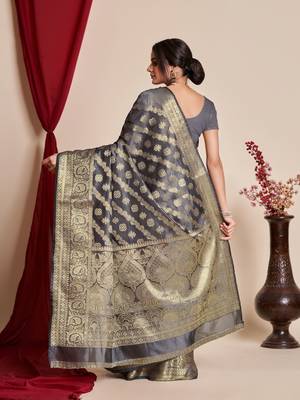 Grey Organza Faux Kanjeevaram Woven Saree Without Blouse 2