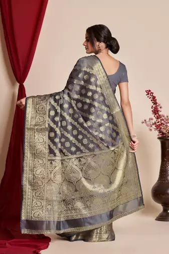 Grey Organza Faux Kanjeevaram Woven Saree Without Blouse