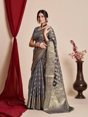 Grey Organza Faux Kanjeevaram Woven Saree Without Blouse 3