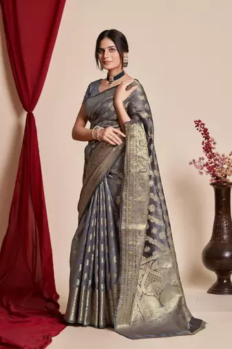 Grey Organza Faux Kanjeevaram Woven Saree Without Blouse