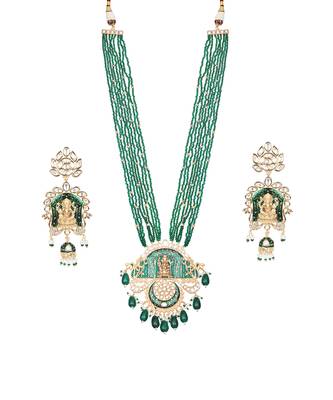 Emerald green lord ganesha kundan long necklace set 2