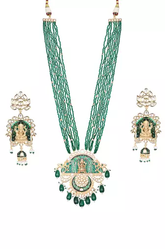 Emerald green lord ganesha kundan long necklace set