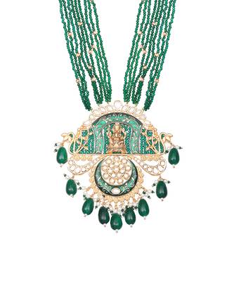 Emerald green lord ganesha kundan long necklace set 3