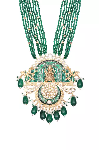 Emerald green lord ganesha kundan long necklace set
