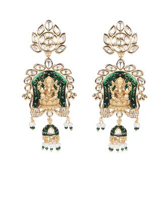 Emerald green lord ganesha kundan long necklace set 4