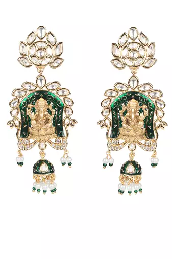 Emerald green lord ganesha kundan long necklace set