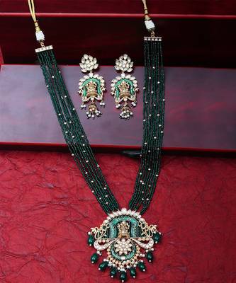 Emerald green lord ganesha kundan long necklace set 5