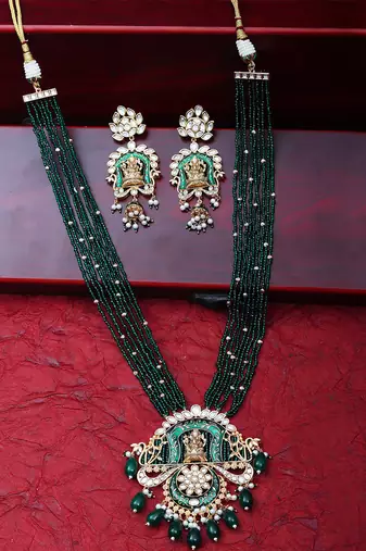 Emerald green lord ganesha kundan long necklace set