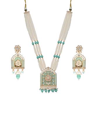 Mint jharoka shaped kundan long necklace set 2
