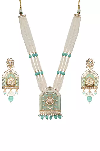 Mint jharoka shaped kundan long necklace set