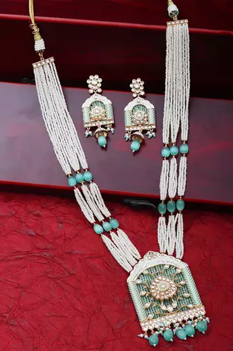 Mint jharoka shaped kundan long necklace set