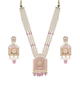 Pink jharoka shaped kundan long necklace set 2