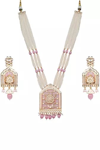 Pink jharoka shaped kundan long necklace set
