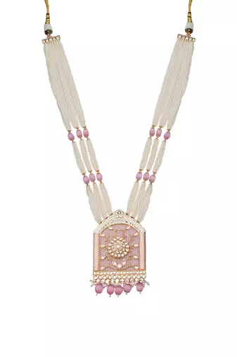 Pink jharoka shaped kundan long necklace set