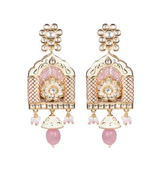 Pink jharoka shaped kundan long necklace set 4