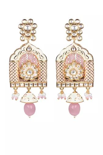 Pink jharoka shaped kundan long necklace set