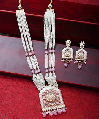 Pink jharoka shaped kundan long necklace set 5