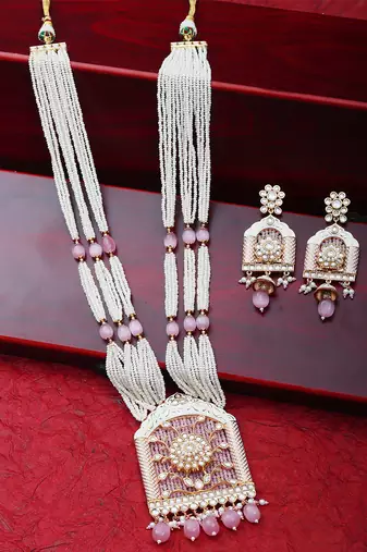 Pink jharoka shaped kundan long necklace set