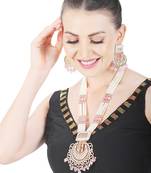 White and blush pink kundan long necklace set