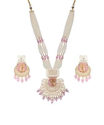 White and blush pink kundan long necklace set 2