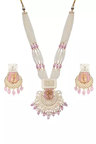 White and blush pink kundan long necklace set