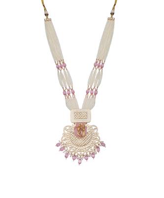 White and blush pink kundan long necklace set 3