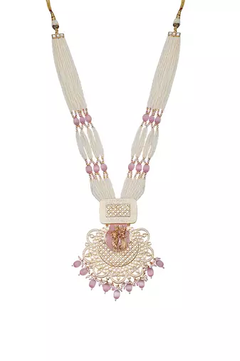 White and blush pink kundan long necklace set