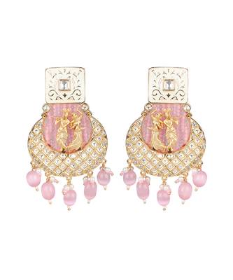 White and blush pink kundan long necklace set 4