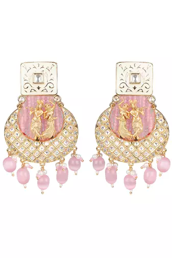 White and blush pink kundan long necklace set
