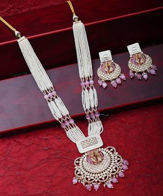 White and blush pink kundan long necklace set 5