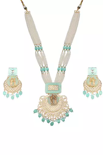 Mint kundan long necklace set