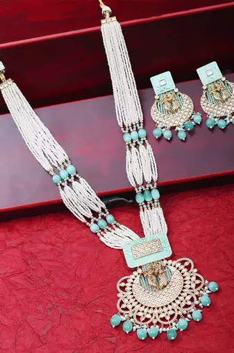Mint kundan long necklace set
