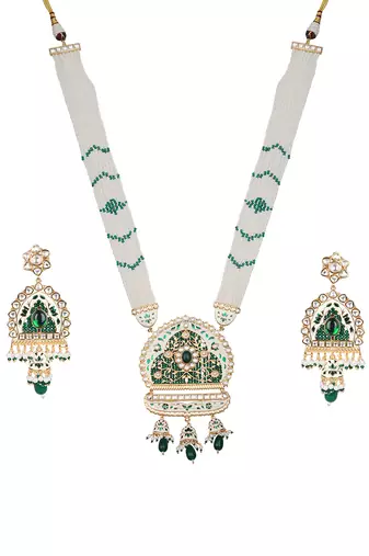 White & emerald kundan long necklace set