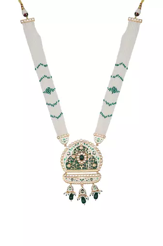 White & emerald kundan long necklace set