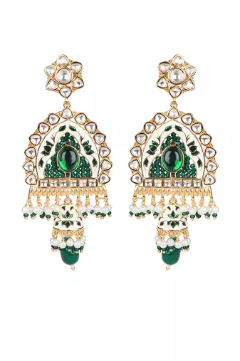 White & emerald kundan long necklace set