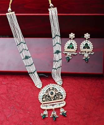 White & emerald kundan long necklace set 5
