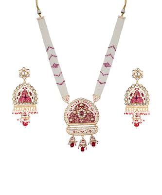 White & ruby red kundan long necklace set 2