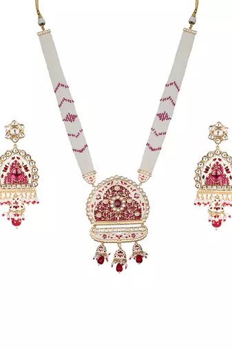 White & ruby red kundan long necklace set