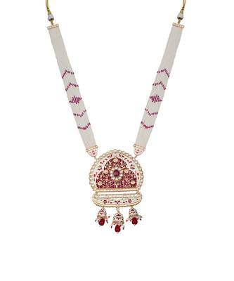 White & ruby red kundan long necklace set 3