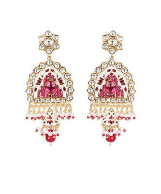White & ruby red kundan long necklace set 4