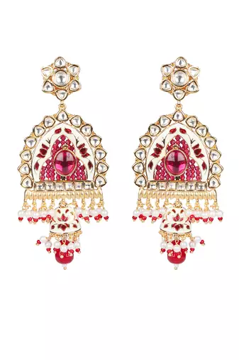 White & ruby red kundan long necklace set