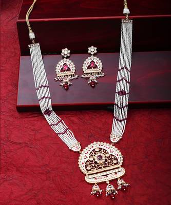 White & ruby red kundan long necklace set 5