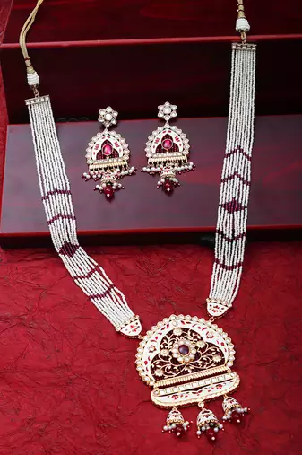 White & ruby red kundan long necklace set