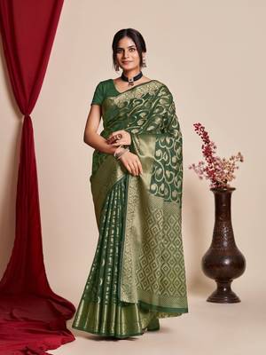 Bottle Green Organza Faux Kanjeevaram Woven Saree Without Blouse 1