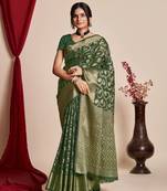 Bottle Green Organza Faux Kanjeevaram Woven Saree Without Blouse
