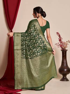 Bottle Green Organza Faux Kanjeevaram Woven Saree Without Blouse 2