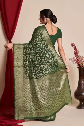 Bottle Green Organza Faux Kanjeevaram Woven Saree Without Blouse
