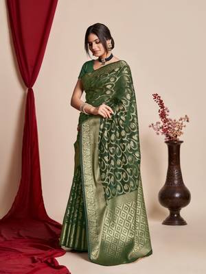 Bottle Green Organza Faux Kanjeevaram Woven Saree Without Blouse 3