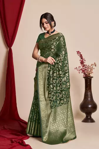 Bottle Green Organza Faux Kanjeevaram Woven Saree Without Blouse